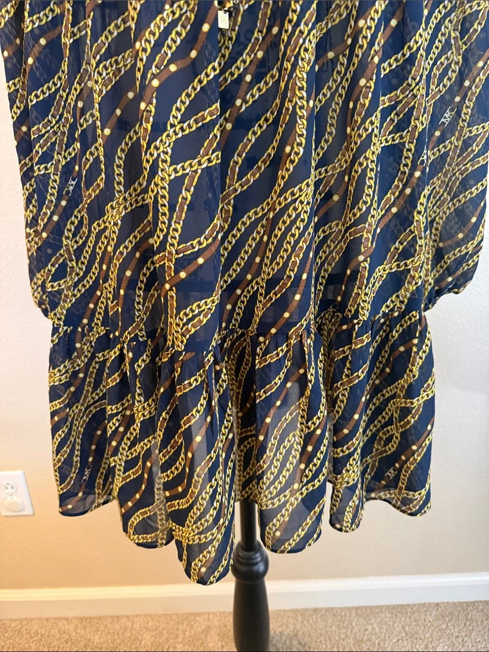 Women's Navy and Gold Printed Long Sleeve Tiered Dress
